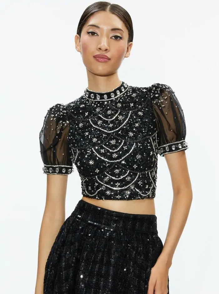 KRISTINA EMBELLISHED PUFF SLEEVE CROP TOP